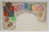 MONTAJ CU 10 TIMBRE EMISE DE REGATUL ROMANIEI CU PORTRETUL REGELUI CAROL I , STEMA REGALA , CROMOLITOGRAFIE , INCEPUT DE SECOL XX
