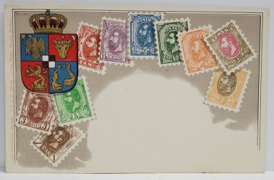 MONTAJ CU 10 TIMBRE EMISE DE REGATUL ROMANIEI CU PORTRETUL REGELUI CAROL I , STEMA REGALA , CROMOLITOGRAFIE , INCEPUT DE SECOL XX foto
