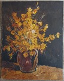 Vas cu flori galbene// ulei pe carton, nesemnat, Arbori, Altul