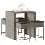 Set mobilier bar de grădină, cu perne, 5 piese, gri, poliratan