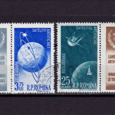 RO 1957 ,LP 444a ," Sateliti artificiali ",serie vinieta centru , stampilat
