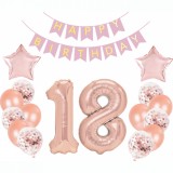 Set 20 baloane pentru majorat roz quartz cu cifra 18 si banner