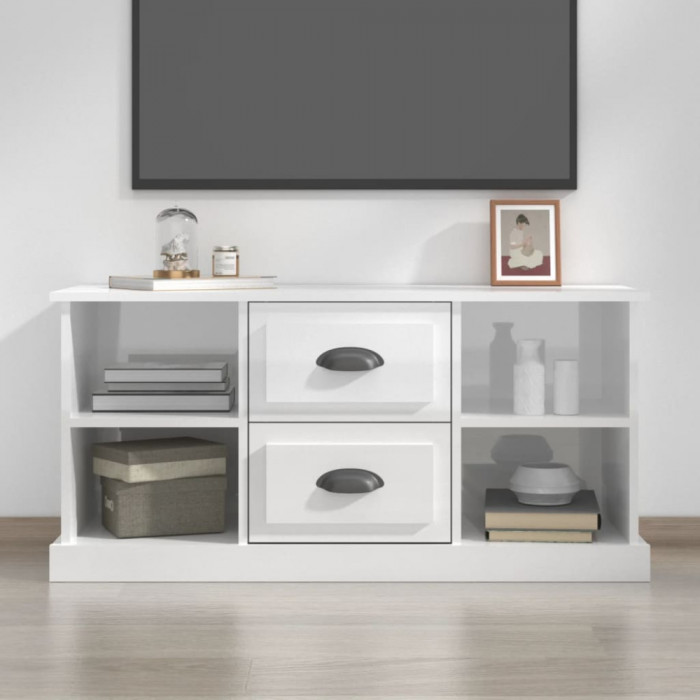 Comodă TV, alb extralucios, 99,5x35,5x48 cm, lemn prelucrat