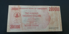 MDBS - BANCNOTA ZIMBABWE - 200000 DOLARI - 2008 foto