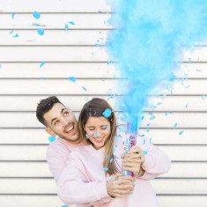 Tun confetti gender reveal cu pudra colorata si confetti bleu, 30 cm foto