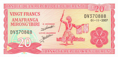 BURUNDI █ bancnota █ 20 Francs █ 2007 █ P-27d █ UNC █ necirculata foto