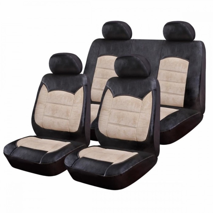 Huse Scaune Auto Luxury Negru Crem, cu fermoare pentru bancheta rabatabila, 9 bucati