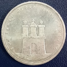 (A1050) MONEDA DIN ARGINT GERMANIA - 10 MARK 1989, LIT. J, ANIVERSARE 800 ANI PORTUL DIN HAMBURG