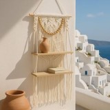 Decoratiune Suspendabila Rafturi Duble din Lemn cu Model Macrame, CMCLASS