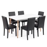 Set Sufragerie Leziter Verona 150 6+1 Masa Alb 150cm 6 Scaune Negru Piele Sintetica