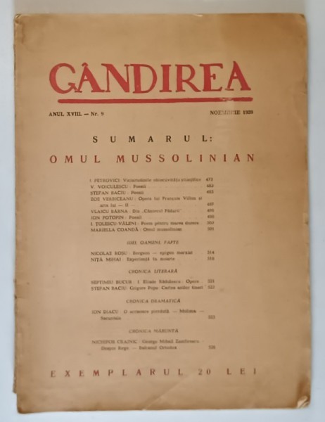 GANDIREA , REVISTA , ANUL XVIII , NR. 9 - OMUL MUSOLINIAN , NOIEMBRIE 1939