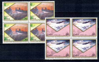 Cuba 1990 - Ziua marcii postale, tren, avion, serie bloc de 4 ne foto