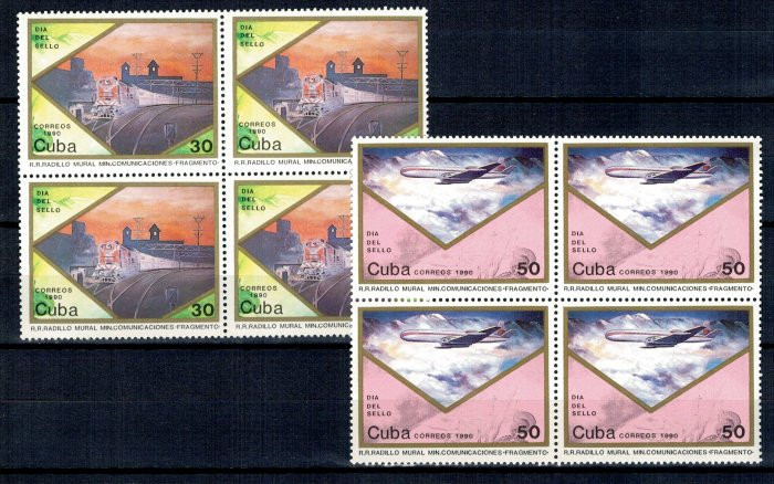 Cuba 1990 - Ziua marcii postale, tren, avion, serie bloc de 4 ne