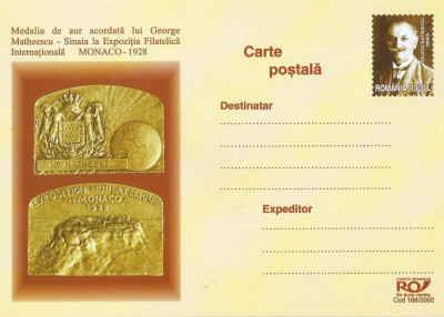 |Romania, Medalia de aur George Mateescu, Exp. Filat. Monaco, 1928, cps, 2002 foto