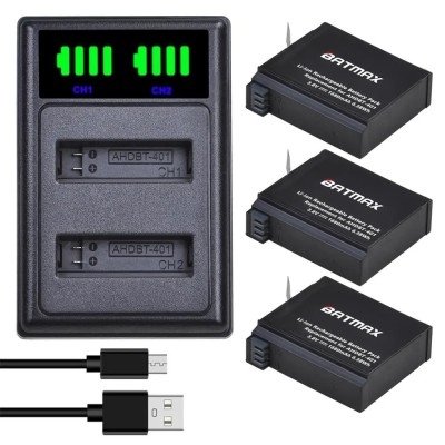 Set 3 acumulatori AHDBT-401 1680mAh + incarcator dublu GoPro 4 Silver / Black foto