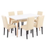 Set Sufragerie Leziter Verona 150 6+1 Masa Alba 150cm 6 Scaune Piele Sintetica Bej