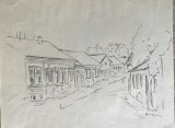 Lucrare Marius Bunescu, creion pe carton subțire, peisaj urban / citadin la Constanta, 30 x 26 cm, artist roman