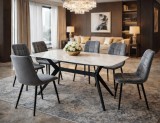 Cumpara ieftin Set masa living Elegant FDT4, blat ceramica, structura metalica, 140x80x75 cm, alb gri si 6 scaune Rizea FDC4, tapiterie catifea, 90 kg, gri