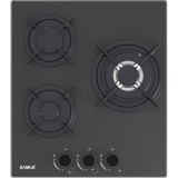 Plita incorporabila Samus PSG-43SMGN1, 3 Arzatoare gaz, Gratare individuale fonta, Latime 45 cm, Aprindere electrica, Sticla Nano neagra mata