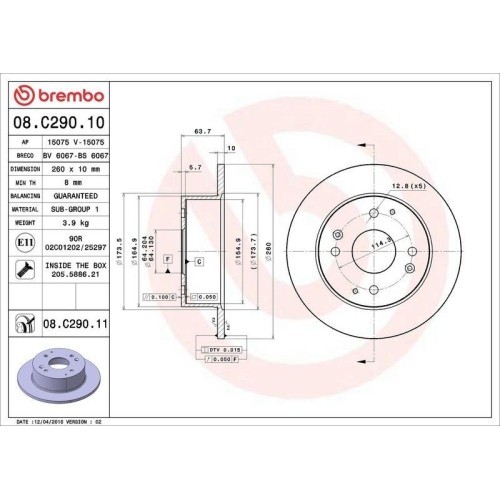 Set disc frana Honda Accord 6 (Ck Cg Ch Cf) 03.97-12.03, Accord 6 Hatch Clback (Ch Cl) 12.99-12.02, Spate, 260X10mm, plin, BREMBO