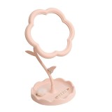 Oglindă de Machiaj pentru Birou, Flippy, Rotativă, Detasabilă, Model de Floarea Soarelui, Suport pentru Inele, cu Depozitare, Roz