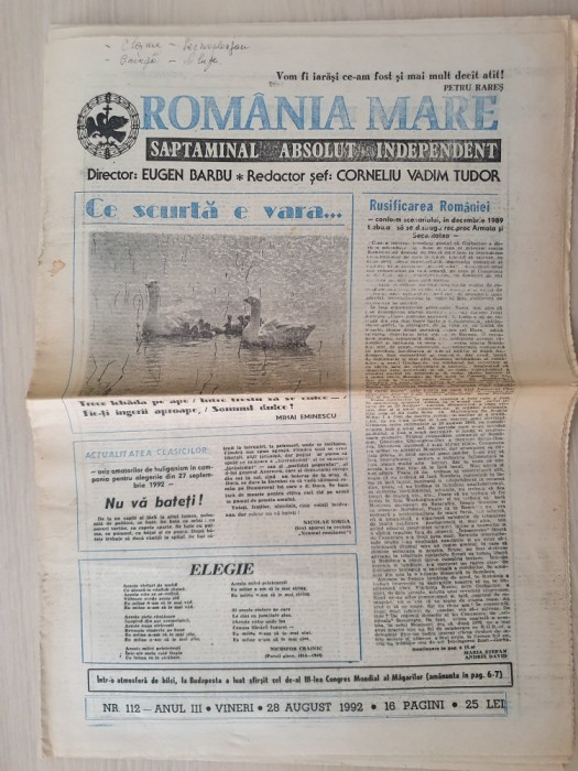 ziarul romania mare 28 august 1992-redactor sef corneliu vadim tudor