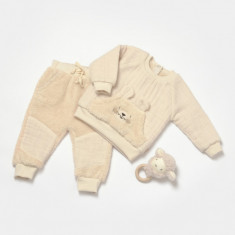 Set bluza cu buzunar si pantaloni Ursulet, Winter muselin, 100% bumbac dublat - Stone, BabyCosy (Marime: 18-24 Luni)