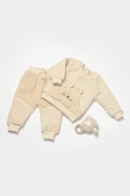 Set bluza cu buzunar si pantaloni Ursulet, Winter muselin, 100% bumbac dublat - Stone, BabyCosy (Marime: 12-18 Luni) foto
