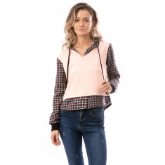 E900-5 Bluza casual cu imprimeu carouri si gluga atasata