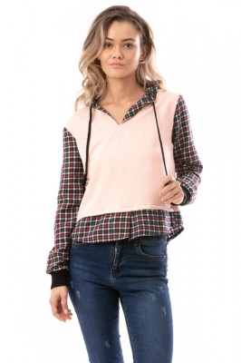 E900-5 Bluza casual cu imprimeu carouri si gluga atasata foto