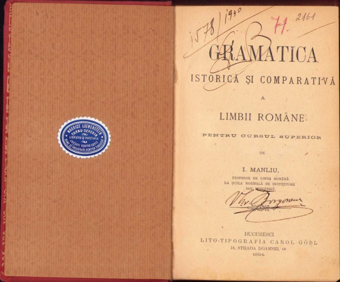 HST 238SP Gramatica istorică și comparativă a limbii rom&acirc;ne 1894 Manliu