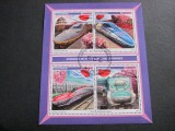 &bdquo;Trenuri Japoneze de Mare Viteză&rdquo;, Shinkansen E4, E5, E6, 4 modele, 100 MT, obliterat Maputo .Bloc de Timbre Poștale Mozambic 2017, Transporturi, Stampilat