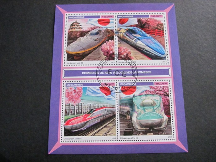 &bdquo;Trenuri Japoneze de Mare Viteză&rdquo;, Shinkansen E4, E5, E6, 4 modele, 100 MT, obliterat Maputo .Bloc de Timbre Poștale Mozambic 2017