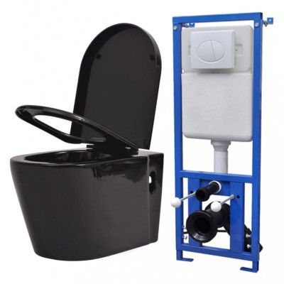 vidaXL Vas toaletă suspendat cu rezervor &amp;icirc;ncastrat, ceramică, negru foto