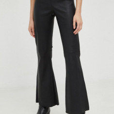 By Malene Birger pantaloni de piele femei, culoarea negru, evazati, high waist