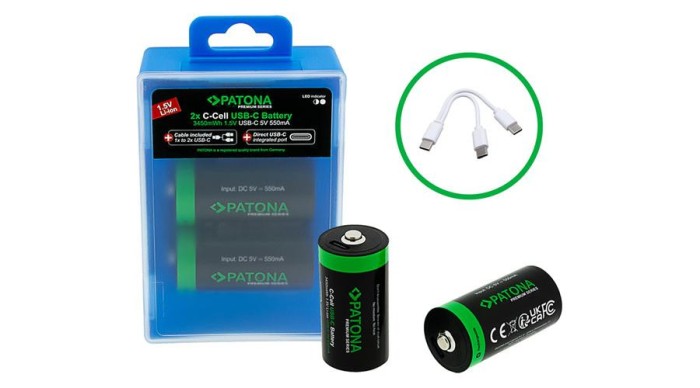 PATONA Premium USB-C 2x baterii LR14 Baby C Litiu 3450mWh 1.5V re&icirc;ncărcabile, cu cablu de &icirc;ncărcare USB-C 1 la 2