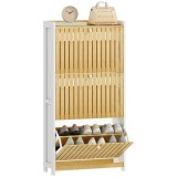 HOMCOM Pantofar Subțire cu 3 Uși din Bambus cu Lamele Rafturi Ajustabile pentru 18 Perechi de Pantofi Alb și Natural | Aosom Romania