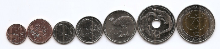 Papua Noua Guinee Set 7 -1, 2, 5, 10, 20 Toea, 1, 2 Kina 2004/14, V18, UNC !!!