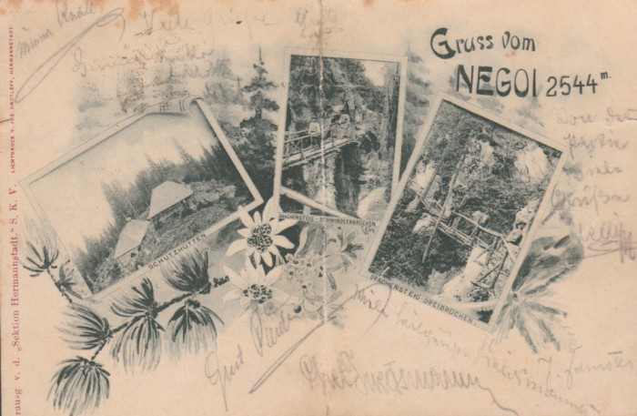 1904 Cabane - SKV Negoi, ilustrata litografie cu stampila rara de cabana Negoiu