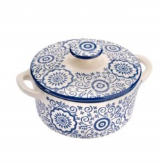 Bol din ceramica cu capac pentru supa sau ciorba, model albastru floral, 600 ml foto