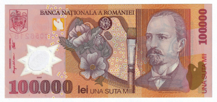 Romania, 100000 lei 2001_excelenta_are 2 colțuri ușor &icirc;ndoite_serie 015C0562187