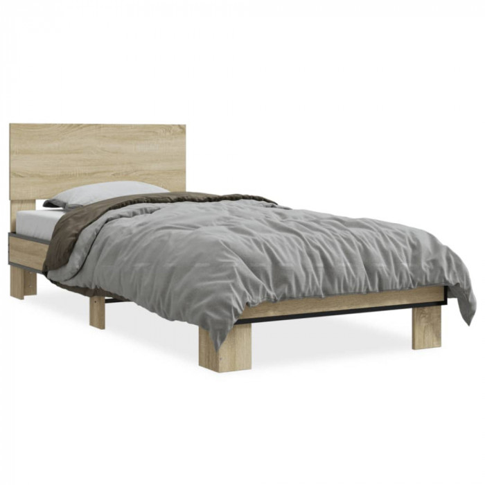 vidaXL Cadru de pat, stejar sonoma, 100x200cm, lemn prelucrat și metal