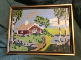 Cusatura / Goblen model interesant - Peisaj de tara in rama de lemn !