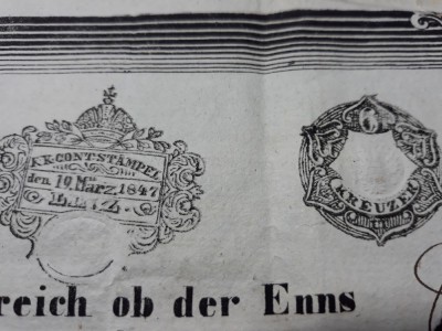 TIMBRE FISCALE VECHI 1847 - STAMPILA FISCALA - 6 KREUZER - AUSTRIA foto