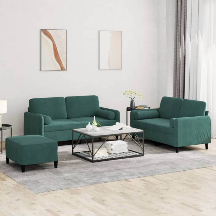 vidaXL Set canapea cu perne, 3 piese, verde &icirc;nchis, catifea 3202006