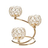 Suport triplu lumanari din metal auriu cu cristale decorative