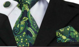 Set cravata matase butoni batista + cutie cadou, Albastru, Gri, Maro, Negru, Verde