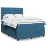 VidaXL Pat box spring cu saltea, albastru, 140x190 cm, catifea