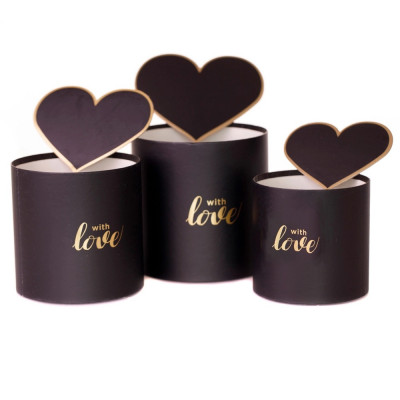 Set 3 cutii rotunde cu inimi - model with love negru foto