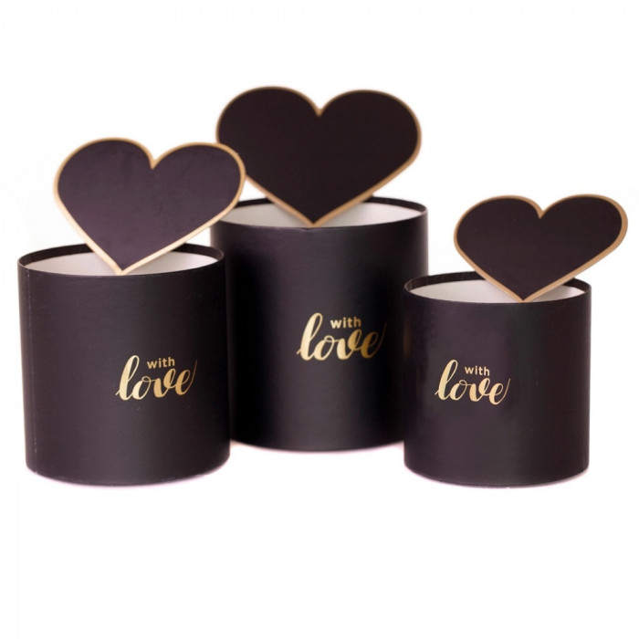 Set 3 cutii rotunde cu inimi - model with love negru